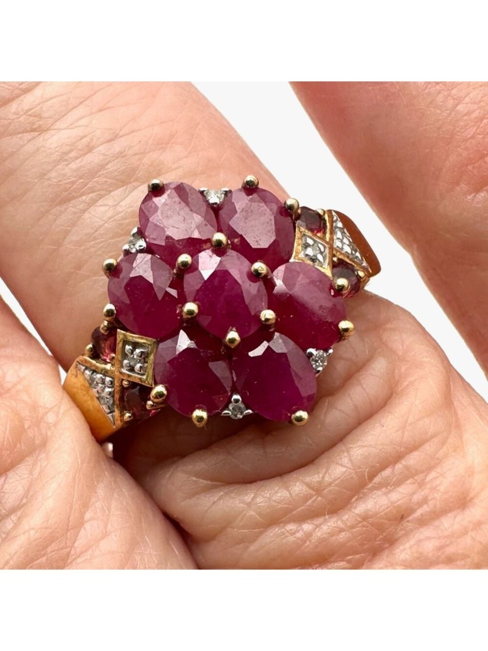 Ruby Diamond Cluster Ring Gold Plated Sterling Silver Size 8 Signed BBJ